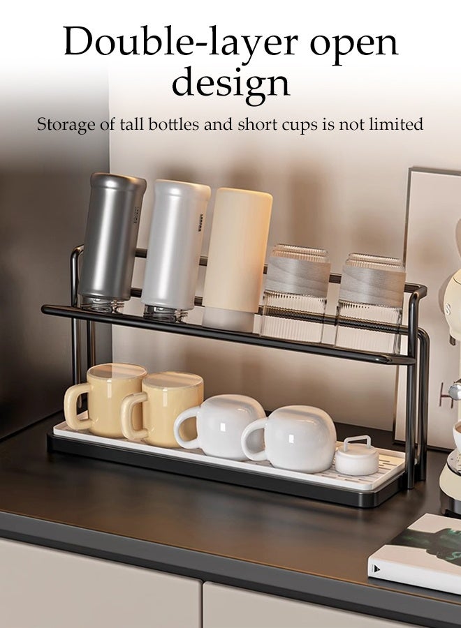 DUNISO رف تخزين الأكواب ذو الطبقتين حامل تجفيف الأكواب مع صينية تصريف قابلة للإزالة رف تخزين متعدد الوظائف محطة بار القهوة منظم سطح الطاولة للمطبخ لصواني المياه وأكواب القهوة والأكواب الزجاجية والأوعية وحامل جرة التوابل - Image 2
