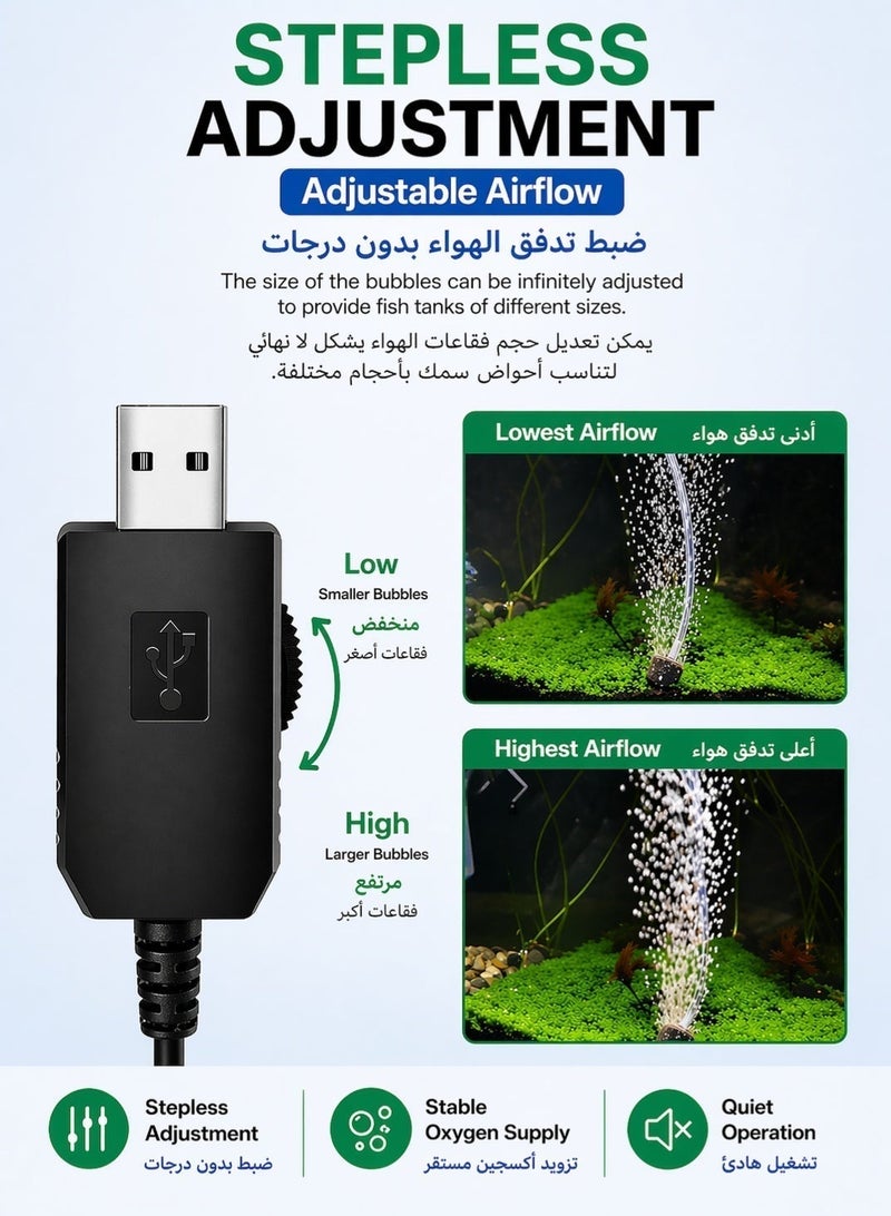 سيسلي مضخة هواء صغيرة لحوض السمك USB مضخة أكسجين قابلة للتعديل هادئة ومحمولة مع أنبوب وحجر هواء تدعم بنك الطاقة مناسبة للأحواض الصغيرة - Image 2