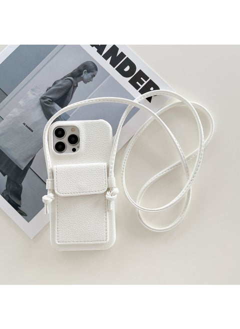 Japan And South Korea Card Case Crossing IPhone16 Phone Case Apple 15pro Max/13/X/7 Leather Phone Case-Color:Lychee Pattern Ear Card Holder Lanyard White-Applicable Model:iPhone7plus