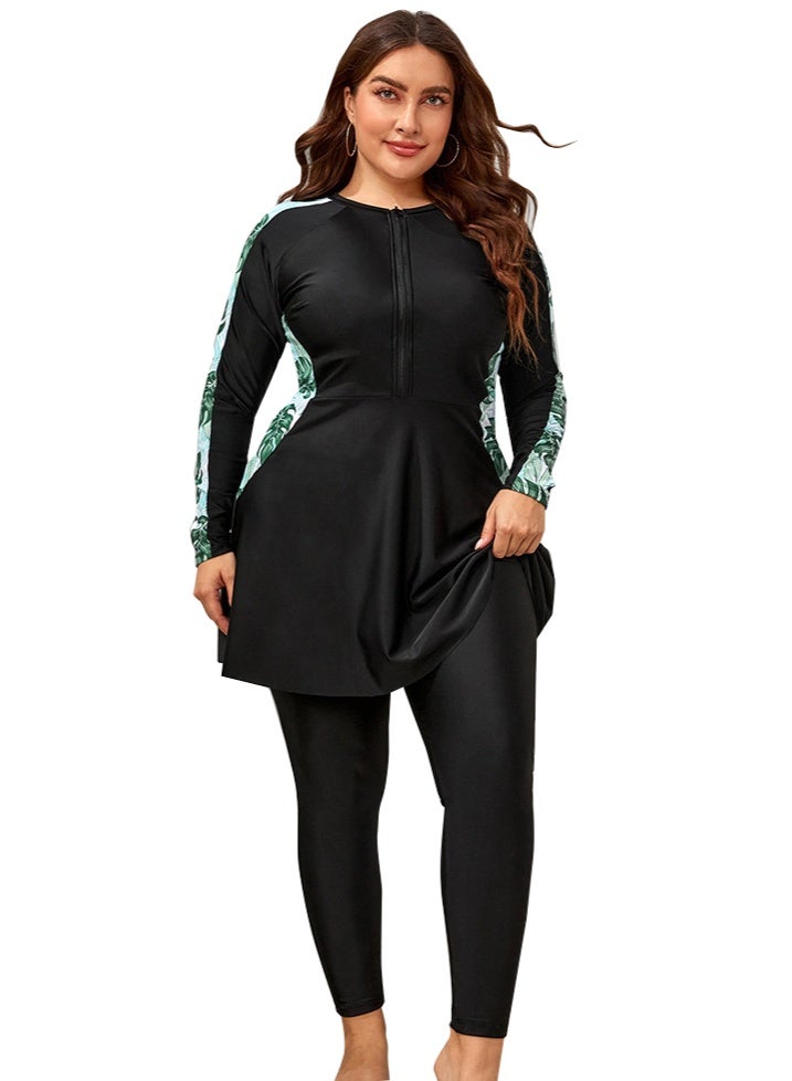 Al Aoyama Women's Plus Size Rash Guard Swimwear Two Piece Long Sleeve Zipper Front Modest Swim Suit with Pants Surfing Bathing Suits - Image 1