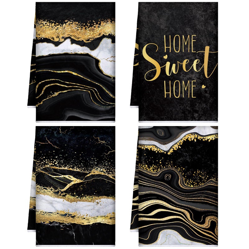 Geyoga 4 Pcs Marble Kitchen Towels Black and Gold Bathroom Hand Towels Absorbent Marble Tea Washcloths for Spring Bathroom Decor Kitchen Accessories Gifts - Image 1