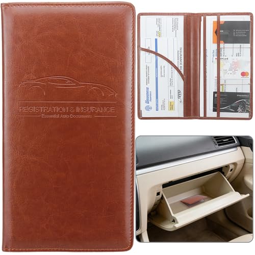 Miunice Car Registration and Insurance Holder, Premium Pu Leather Vehicle Glove Box Organizer - for Driver License, Cards & Essential Documents (L-Brown) - Image 1
