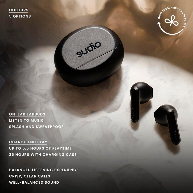 Sudio A3 All-Day Wireless Earbuds â€“ 25H Playtime, Bluetooth Earphones 5.4, Sweat & Splashproof, Balanced Sound, Clear Calls with Enhanced Mics, USB-C Charging, Made from Recycled Plastics (Black) - Image 2