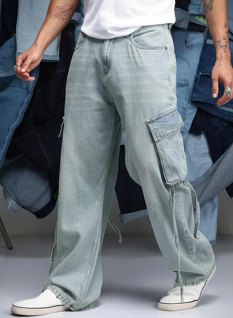 Campus Sutra Men Baggy Utility Denim Jeans | Mid-Rise Baggy-Fit | Button Closure Straight Hem | Solid Twill | Woven Fabric For Street & Casual Wear | Light Blue