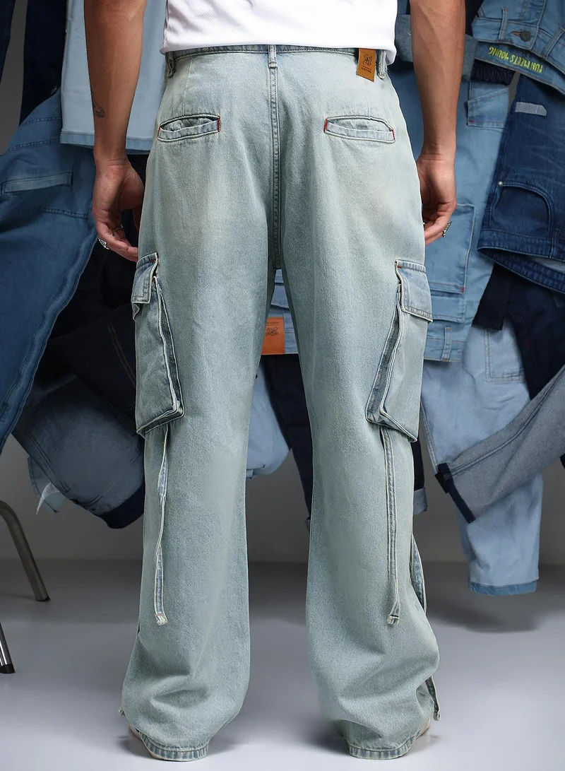 Campus Sutra Men Baggy Utility Denim Jeans | Mid-Rise Baggy-Fit | Button Closure Straight Hem | Solid Twill | Woven Fabric For Street & Casual Wear | Light Blue