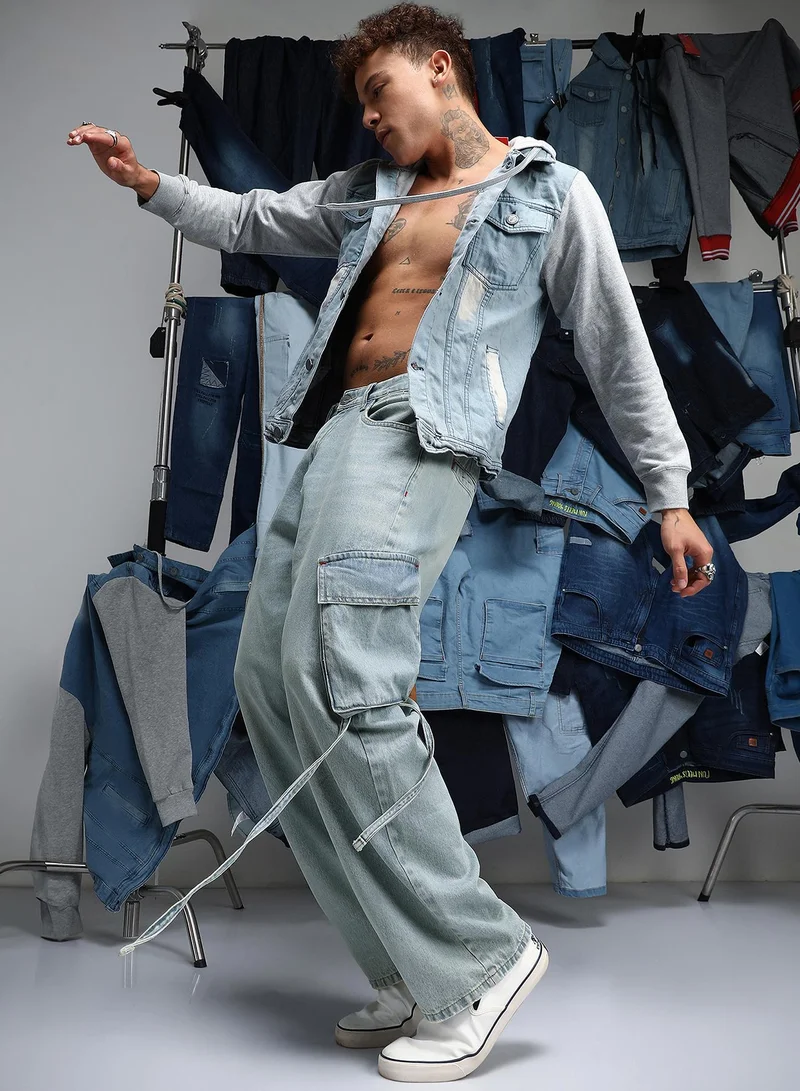 Campus Sutra Men Baggy Utility Denim Jeans | Mid-Rise Baggy-Fit | Button Closure Straight Hem | Solid Twill | Woven Fabric For Street & Casual Wear | Light Blue