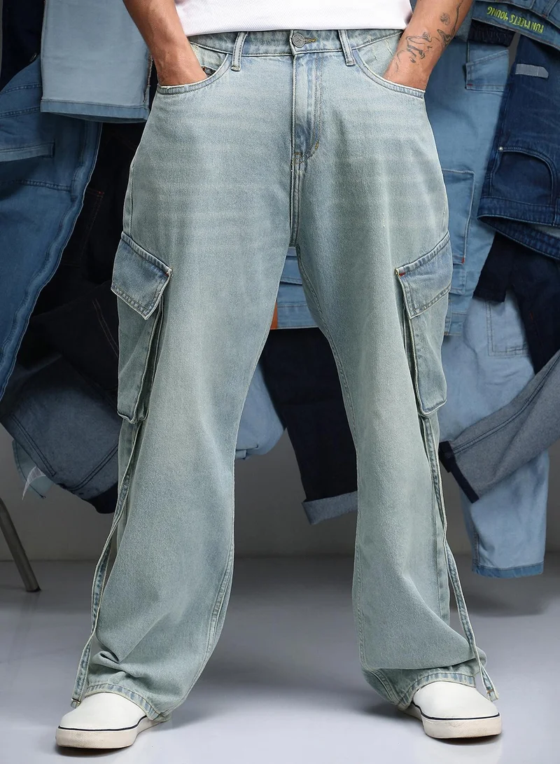 Campus Sutra Men Baggy Utility Denim Jeans | Mid-Rise Baggy-Fit | Button Closure Straight Hem | Solid Twill | Woven Fabric For Street & Casual Wear | Light Blue