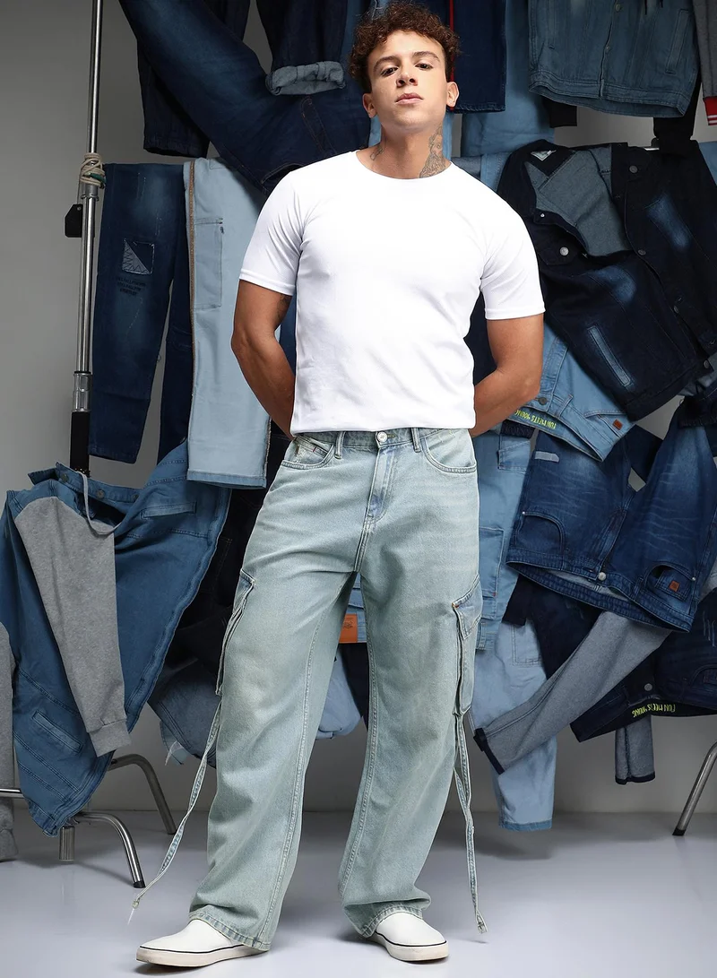 Campus Sutra Men Baggy Utility Denim Jeans | Mid-Rise Baggy-Fit | Button Closure Straight Hem | Solid Twill | Woven Fabric For Street & Casual Wear | Light Blue