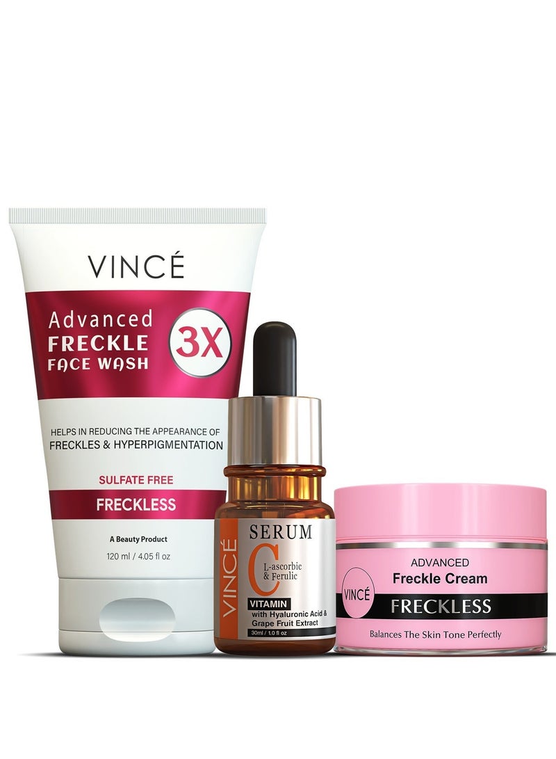 Anti-Freckle Kit - Vitamin C Serum 30ml + Freckle Cream 50ml + Freckle Face Wash 120ml – Reduces Freckles, Pigmentation, & Dark Spots – Reveals Brighter, Clearer, & Even-Toned Skin
