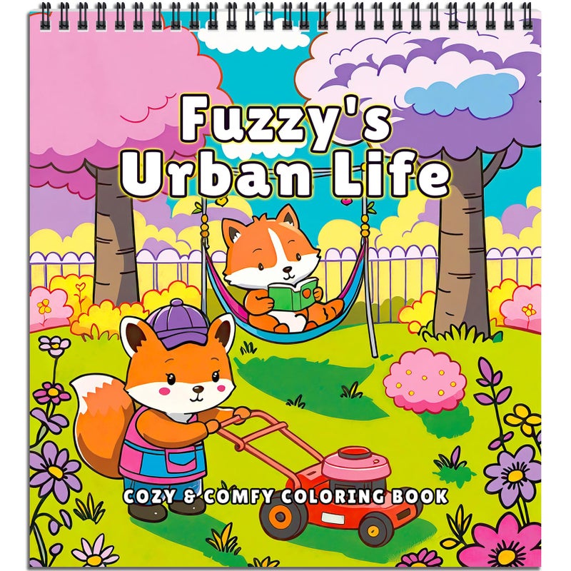 FunLavie Cozy Coloring Book for Adults and Kids â€“ Featuring Fuzzyâ€™s Cute Animal Urban Life Moments, Bold and Easy, Simple Coloring Book for Teen Relaxation & Mindfulness Gift for Women, Spiral Bound Design - Image 1