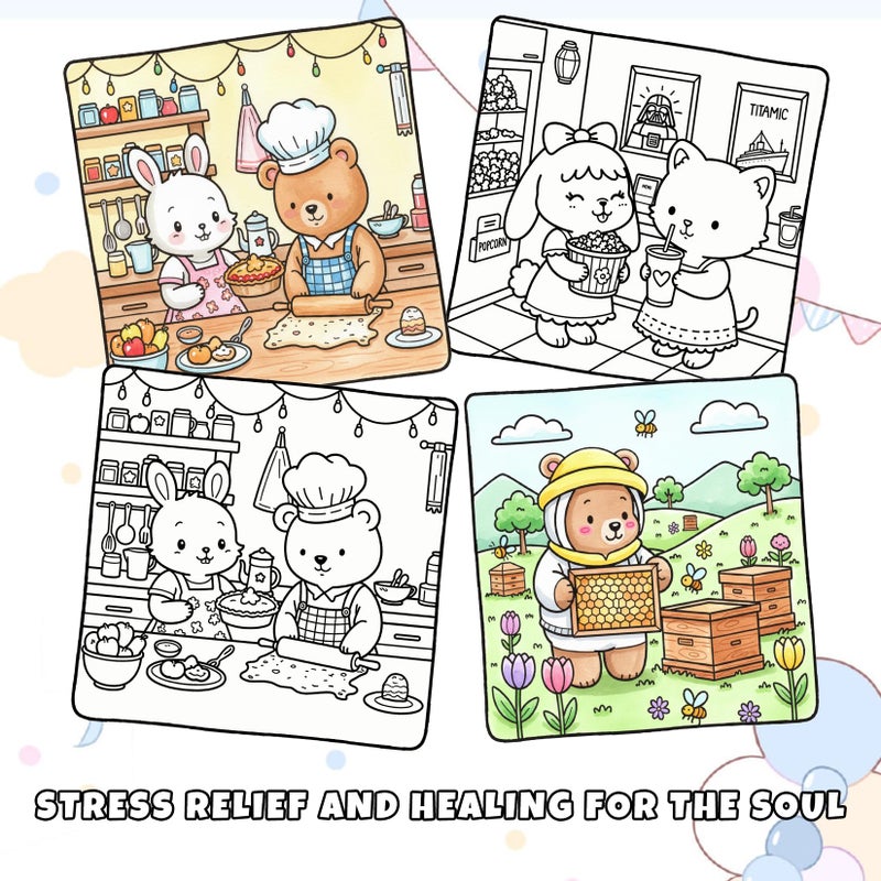 FunLavie Cozy Coloring Book for Adults and Kids â€“ Featuring Fuzzyâ€™s Cute Animal Urban Life Moments, Bold and Easy, Simple Coloring Book for Teen Relaxation & Mindfulness Gift for Women, Spiral Bound Design - Image 5
