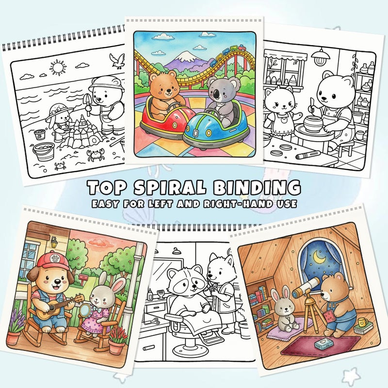 FunLavie Cozy Coloring Book for Adults and Kids â€“ Featuring Fuzzyâ€™s Cute Animal Urban Life Moments, Bold and Easy, Simple Coloring Book for Teen Relaxation & Mindfulness Gift for Women, Spiral Bound Design - Image 4