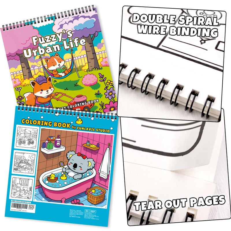 FunLavie Cozy Coloring Book for Adults and Kids â€“ Featuring Fuzzyâ€™s Cute Animal Urban Life Moments, Bold and Easy, Simple Coloring Book for Teen Relaxation & Mindfulness Gift for Women, Spiral Bound Design - Image 2