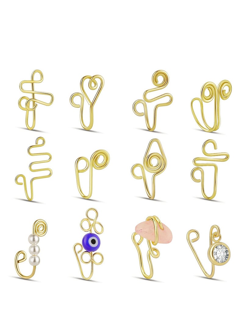 Excefore 12 Pcs African Nose Cuff Non Piercing, Clip On Nose Ring for Women, 14k Gold Plating Nose Ring Cuffs Set, Evil Eye, Crystal, Pearl Nose Cuffs, Fake Nose Cuff for Women and Girls - Image 1