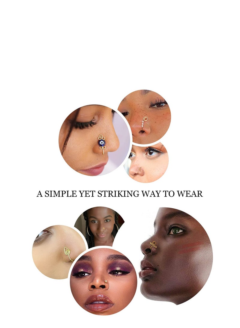 Excefore 12 Pcs African Nose Cuff Non Piercing, Clip On Nose Ring for Women, 14k Gold Plating Nose Ring Cuffs Set, Evil Eye, Crystal, Pearl Nose Cuffs, Fake Nose Cuff for Women and Girls - Image 3