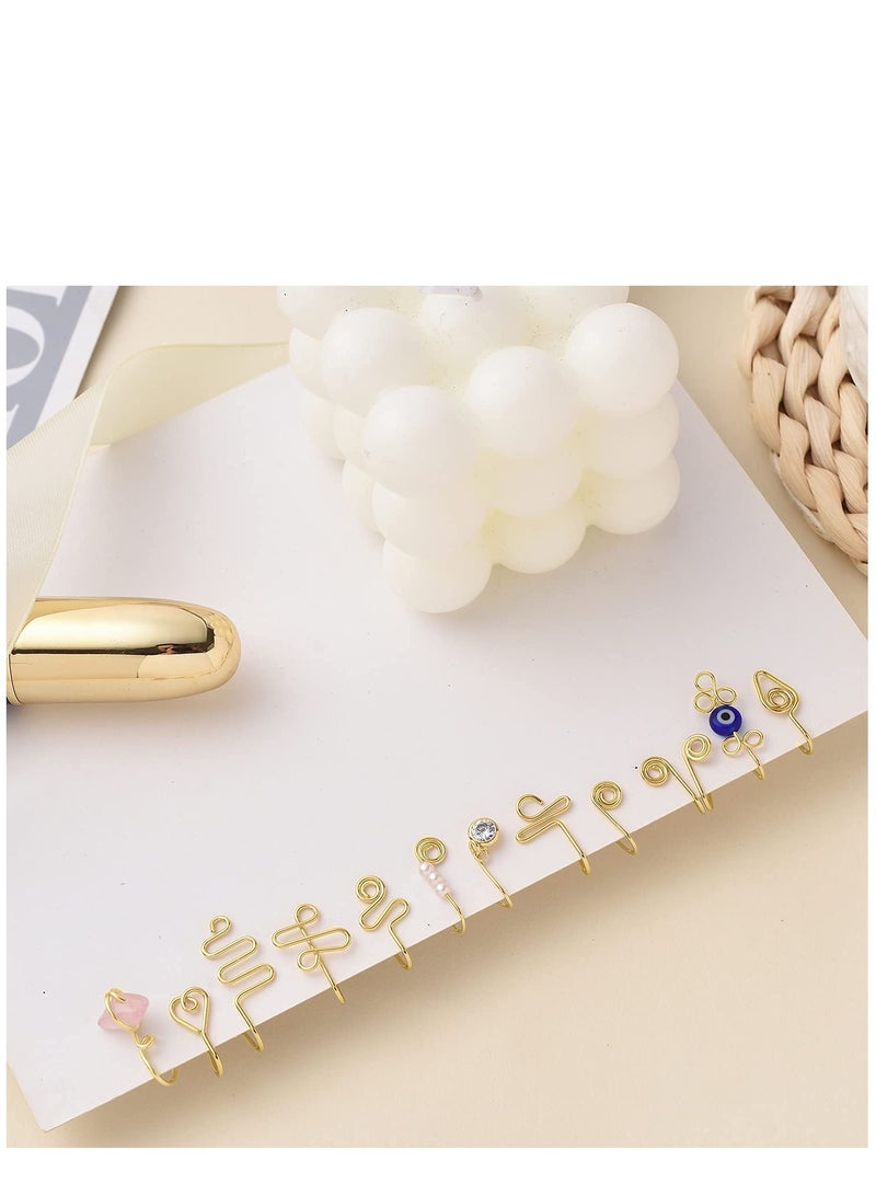 Excefore 12 Pcs African Nose Cuff Non Piercing, Clip On Nose Ring for Women, 14k Gold Plating Nose Ring Cuffs Set, Evil Eye, Crystal, Pearl Nose Cuffs, Fake Nose Cuff for Women and Girls - Image 5