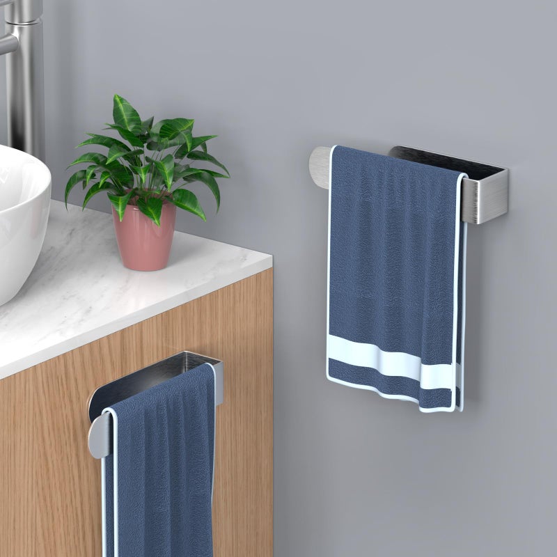 HUFEEOH 2 Pack Adhesive Hand Towel Holder  Sticky Towel Bar Towel Holder Wall Mounted  Stainless Steel Kitchen Towel Holder Hand Towel Rack for Bahtroom Hotel RV Kitchen (Silver) - Image 2