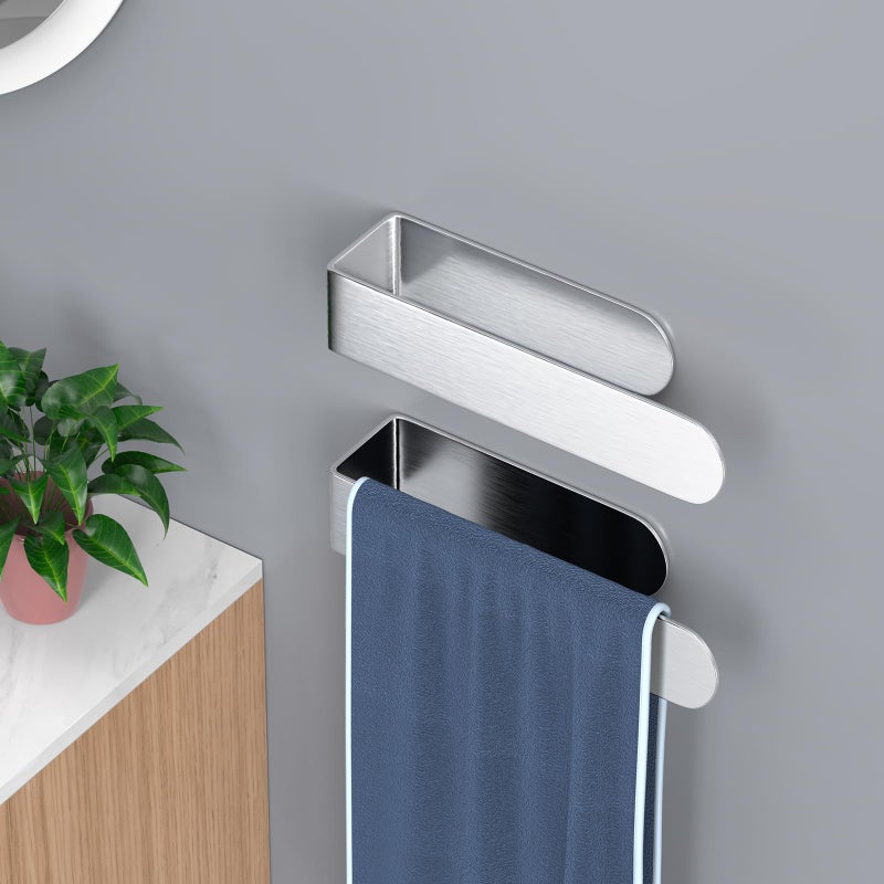 HUFEEOH 2 Pack Adhesive Hand Towel Holder  Sticky Towel Bar Towel Holder Wall Mounted  Stainless Steel Kitchen Towel Holder Hand Towel Rack for Bahtroom Hotel RV Kitchen (Silver) - Image 3