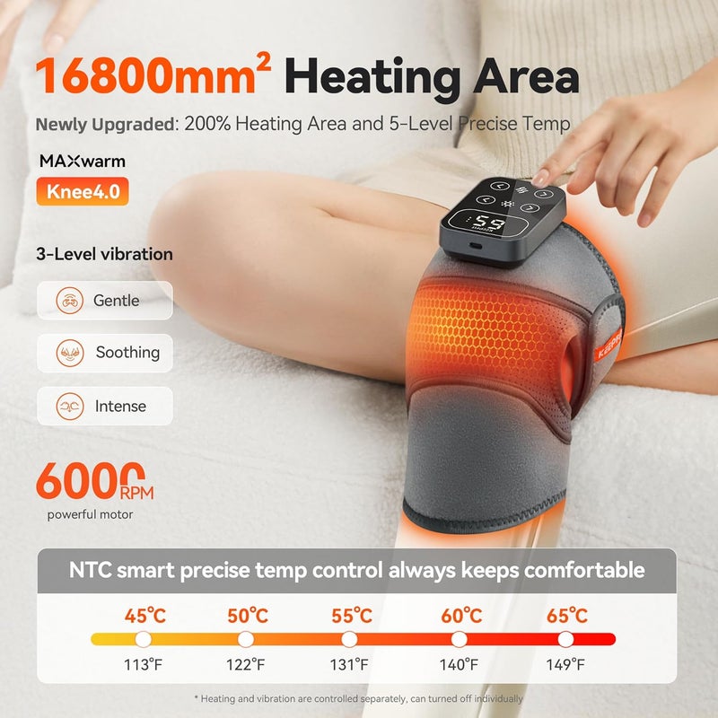 جهاز تدليك الركبة اللاسلكي IKEEPFIT مع اهتزاز حراري لتخفيف الألم، MAXwarm 4.0 [مُحسَّن 2025] - دعامة الركبة الكهربائية المُسخَّنة مع 5 مستويات حرارة و3 أوضاع تدليك، هدية للرجال والنساء (رمادي، زوج) - Image 2