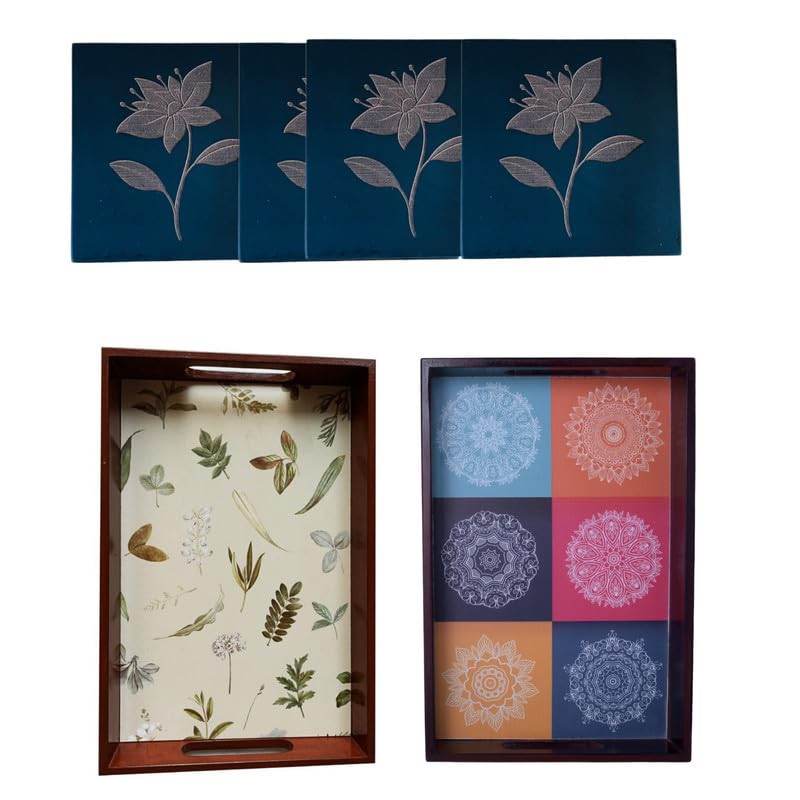 Espoir bloom wooden Tray srt of 2 with coasters set/home and kitchen/serving trays/desk organising EB-TC0606 - Image 1