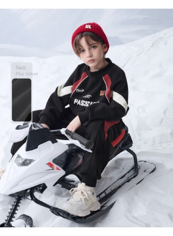 مكد [top + Pants] مجموعة ملابس رياضية بأسلوب مدرسي للصبيان في فصل الشتاء هودي وبنطلون تدريب - Image 1