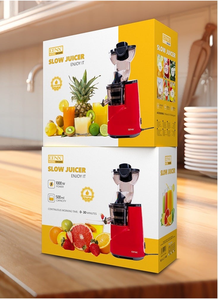 DENX DX3203 Slow Juicer – 1000W Power, 500ml Capacity, Modern Compact Design, Continuous Operation up to 30 Minutes, with Cleaning Brush and Stirring Stick – For Fresh, Healthy, Nutrient-Rich Juices