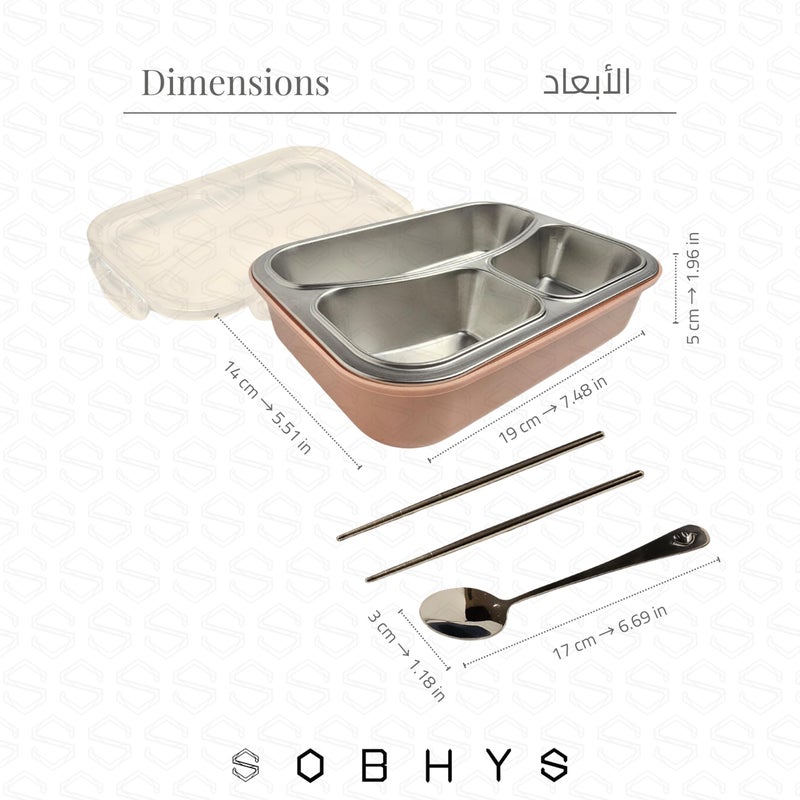 SOBHYS Stainless Steel Lunch Box with 3 Compartments, SUS304 Inner Tray, Spoon and Chopsticks Included, Leak-Resistant Silicone Seal for Daily Meals at Work, School, or Outdoors SOBHYS (Blush Beige) - Image 2
