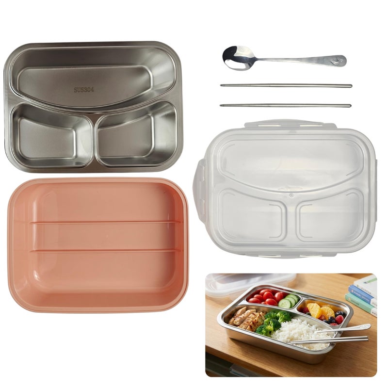 SOBHYS Stainless Steel Lunch Box with 3 Compartments, SUS304 Inner Tray, Spoon and Chopsticks Included, Leak-Resistant Silicone Seal for Daily Meals at Work, School, or Outdoors SOBHYS (Blush Beige) - Image 1