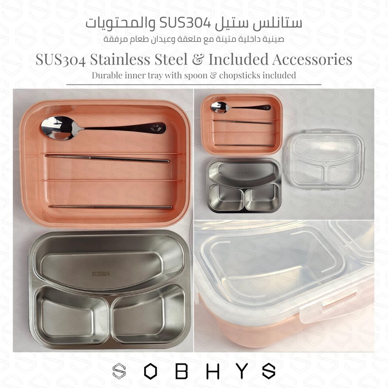 SOBHYS Stainless Steel Lunch Box with 3 Compartments, SUS304 Inner Tray, Spoon and Chopsticks Included, Leak-Resistant Silicone Seal for Daily Meals at Work, School, or Outdoors SOBHYS (Blush Beige) - Image 3