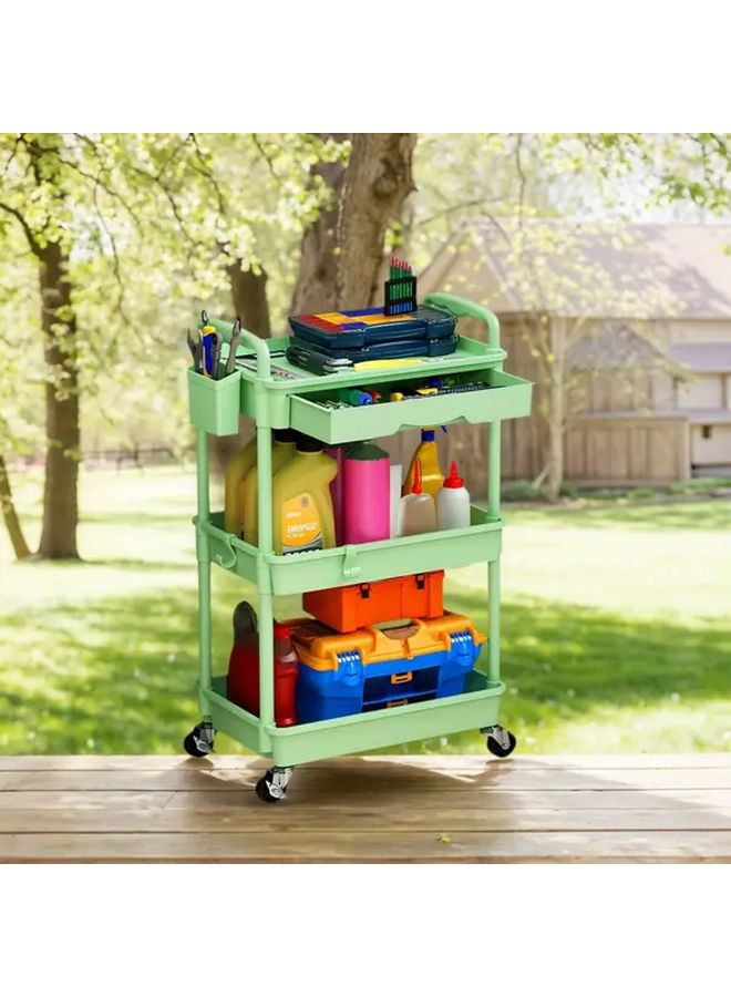 Green 3 Tier Rolling Utility Cart with Lockable Wheels Plastic Shelves - Image 4
