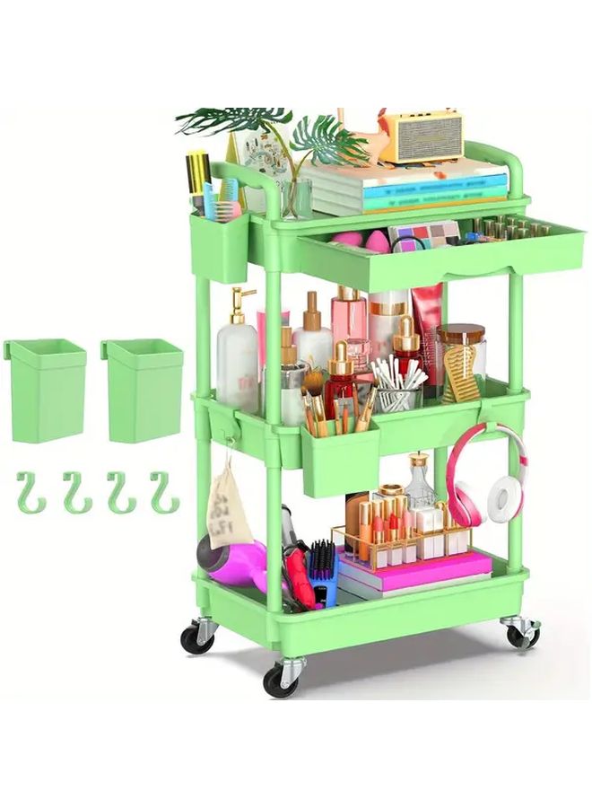 Green 3 Tier Rolling Utility Cart with Lockable Wheels Plastic Shelves - Image 1