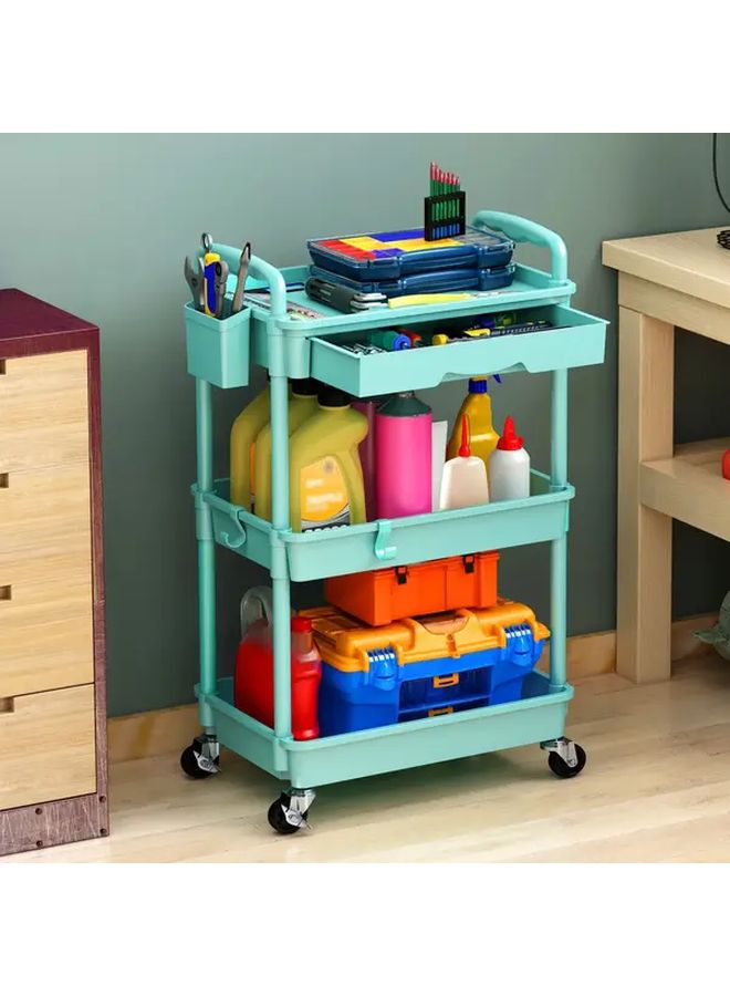 Green 3 Tier Rolling Utility Cart with Lockable Wheels Plastic Shelves - Image 2