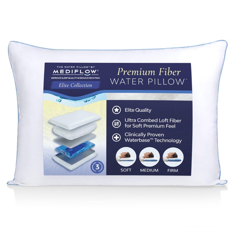 MEDIFLOW Mediflow Water Pillow  Elite Collection Fiber Pillow Orthopedic Pillow for Neck Pain Relief Adjustable Water Pillow for Sleeping Single Pillow White 