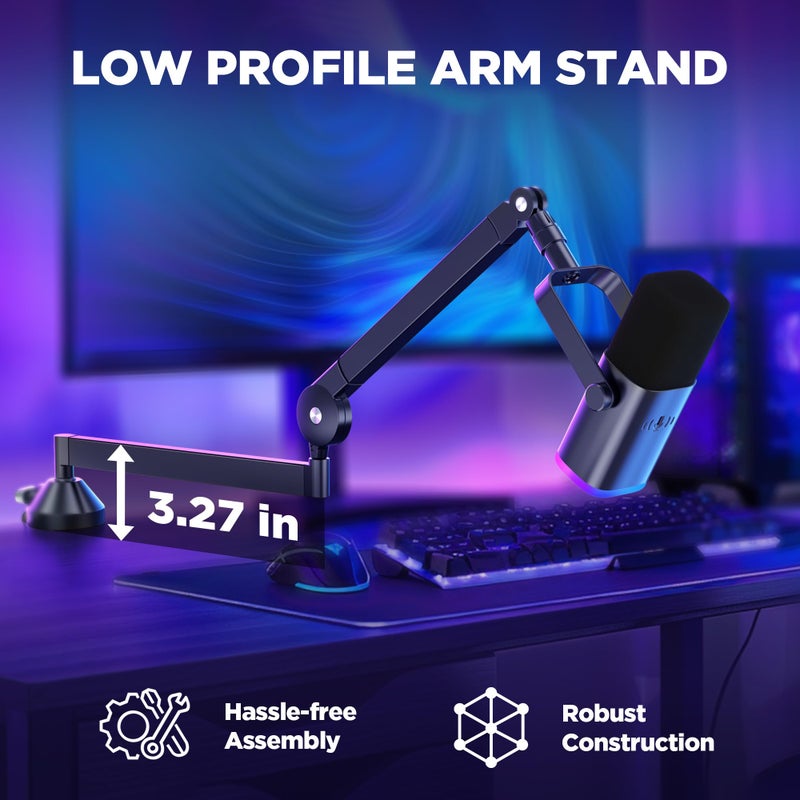 InnoGear ذراع ميكروفون إنوجير منخفض الارتفاع، ذراع ميكروفون دوار 360 درجة لحامل ميكروفون فيفين AM8 K669B بلو يتي هايبر إكس كوادكاست سولو كاست AT2020، مع مشبك ميكروفون 3/8" إلى 5/8"، محول 3/8" إلى 1/4"، أسود - Image 2