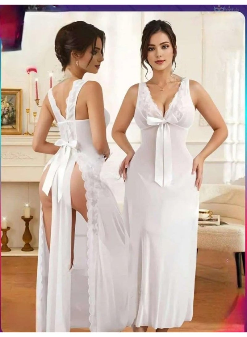 لانجري نسائي قميص نوم طويل تل ناعم مزين بالدانتيل - Image 3