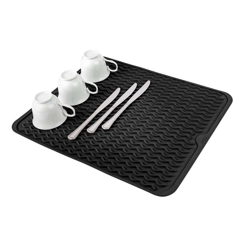 Oizeir Silicone Dish Drying Mat  Drain Hole NonSlip Heat Resistant Foldable Great for Dishes Kitchen Sink Counter Top Fridge Drawer Liner or Trivet for Hot Pots 16 X 20  Black