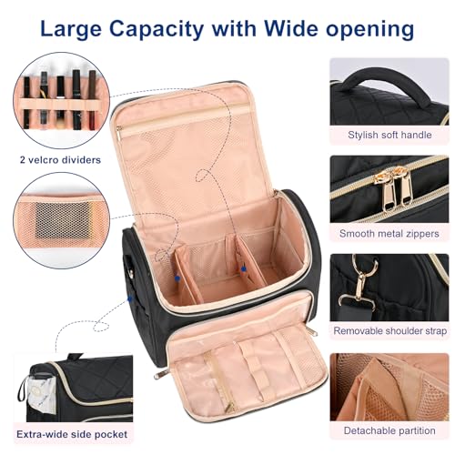 GR69N Travel Toiletry Bag Large Cosmetic Makeup Bag Organizer for WomenWideopen Make Up Bag Waterproof Makeup Case Travel Bag with Handle and Dividers for ToiletriesEssentialsAccessoriesBlack - Image 3