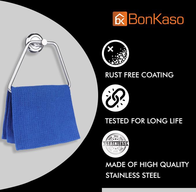 BonKaso Stainless Steel Towel Ring/Napkin Holder for Bathroom, Wash Basin & Kitchen – Wall Mounted, Rust-Resistant, Chrome Finish (FL-02T) – Pack of 1 - Image 2