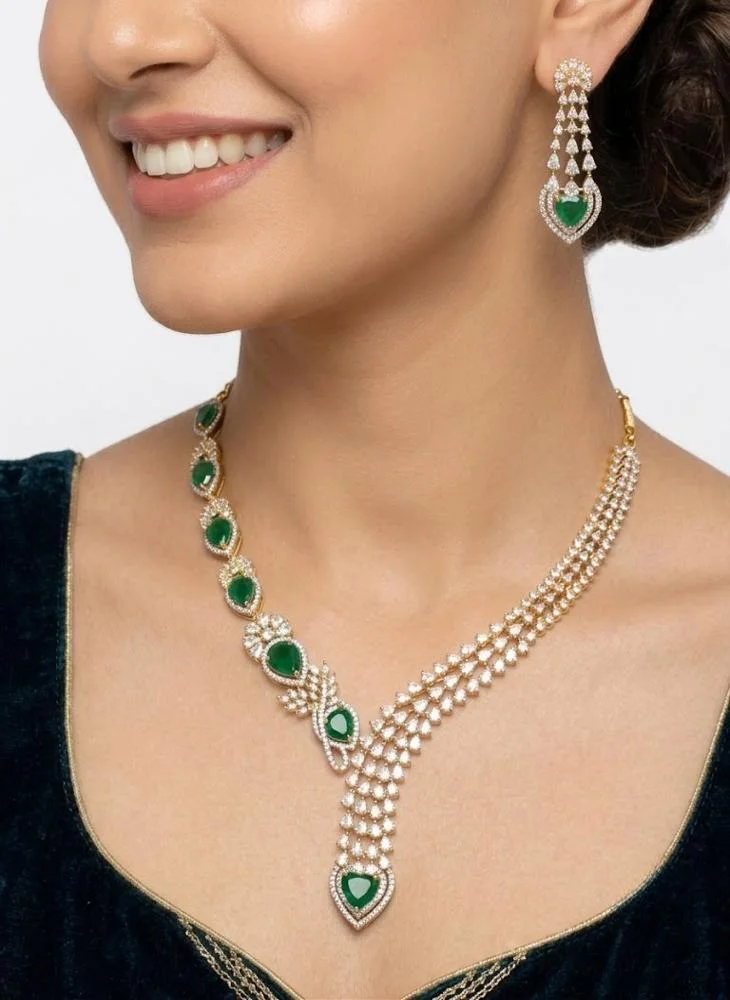 Viny Green Elegant American Diamond & Emerald Green Imitation Necklace Set for Women - Perfect for Parties, Weddings, & Festivals (Diwali, Eid) for Women | Best Price UAE