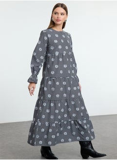 Black Gingham Floral Printed Elastic Sleeve Detailed Woven Dress TCTSS21EL3441