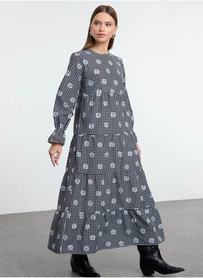 trendyol - Black Gingham Floral Printed Elastic Sleeve Detailed Woven Dress TCTSS21EL3441 - Image 1
