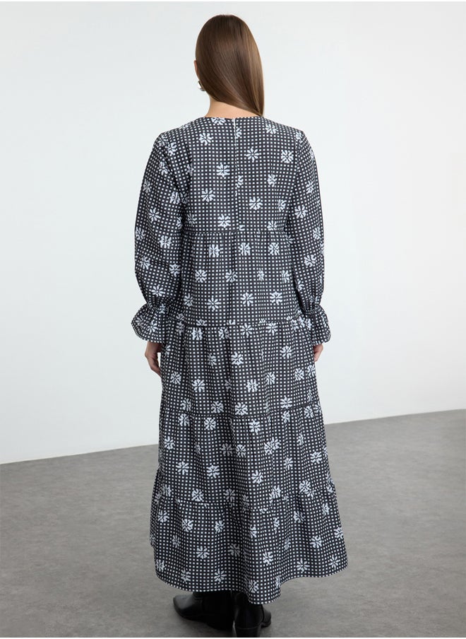 trendyol - Black Gingham Floral Printed Elastic Sleeve Detailed Woven Dress TCTSS21EL3441 - Image 1