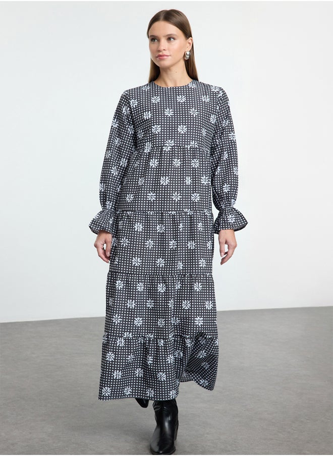 trendyol - Black Gingham Floral Printed Elastic Sleeve Detailed Woven Dress TCTSS21EL3441 - Image 1