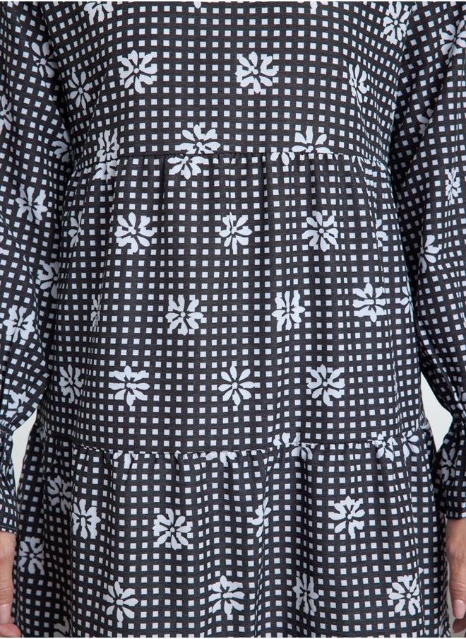 trendyol - Black Gingham Floral Printed Elastic Sleeve Detailed Woven Dress TCTSS21EL3441 - Image 1