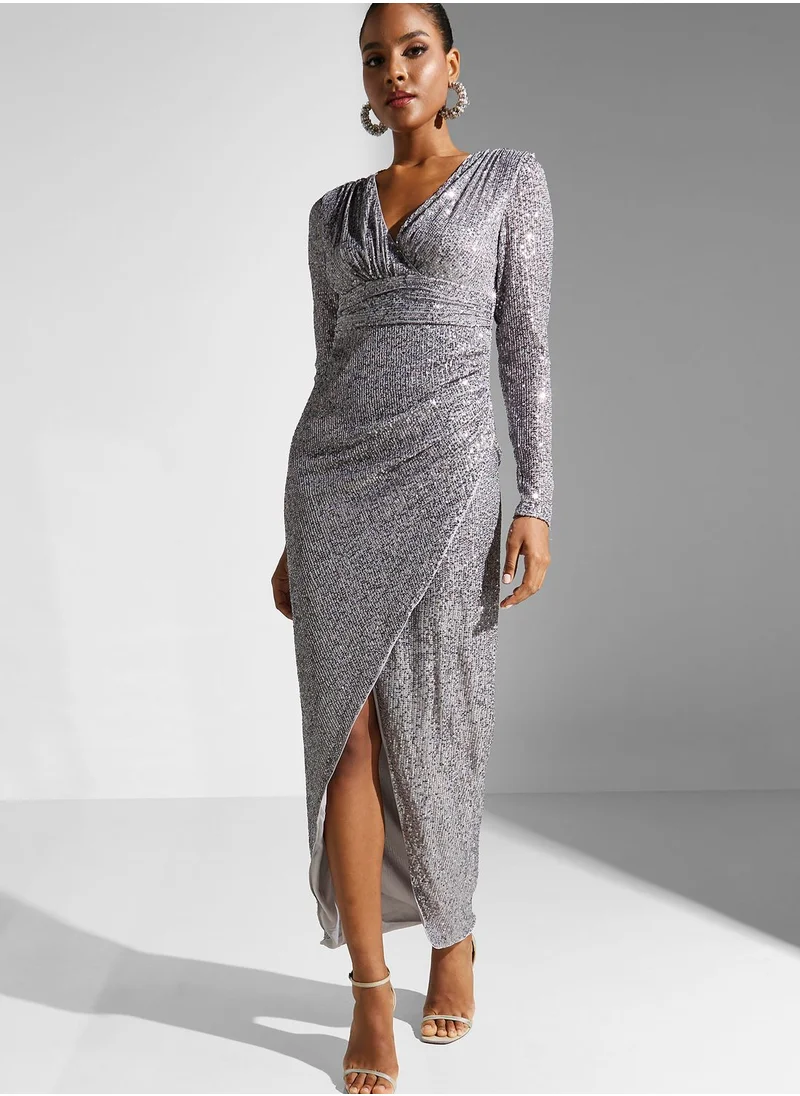 Little Mistress V - Neck Front Slit Wrap Dress