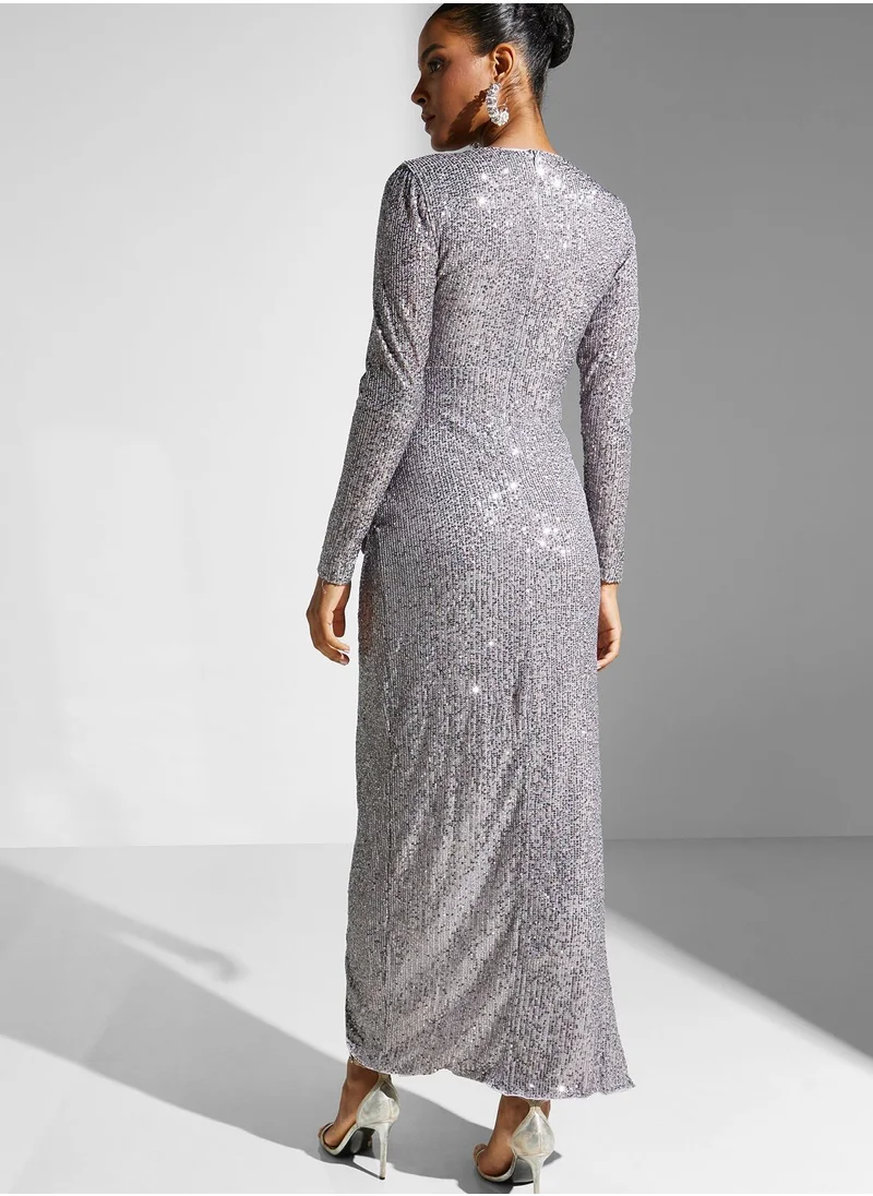 Little Mistress V - Neck Front Slit Wrap Dress
