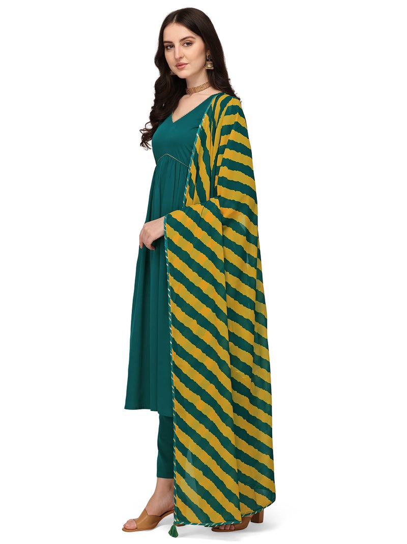 FIORRA Women's Teal Green Crepe Gathered Flared Kurta with Pant and Dupatta SET0053-XL - Image 2