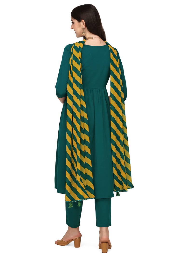 FIORRA Women's Teal Green Crepe Gathered Flared Kurta with Pant and Dupatta SET0053-XL - Image 3