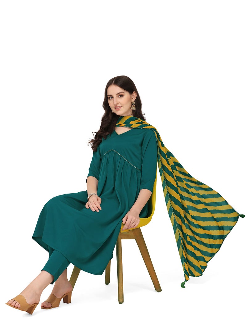 FIORRA Women's Teal Green Crepe Gathered Flared Kurta with Pant and Dupatta SET0053-XL - Image 5