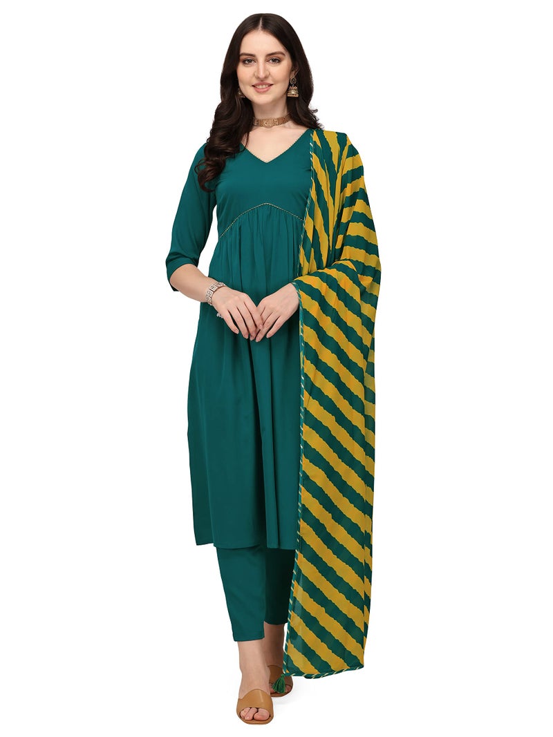 FIORRA Women's Teal Green Crepe Gathered Flared Kurta with Pant and Dupatta SET0053-XL - Image 1